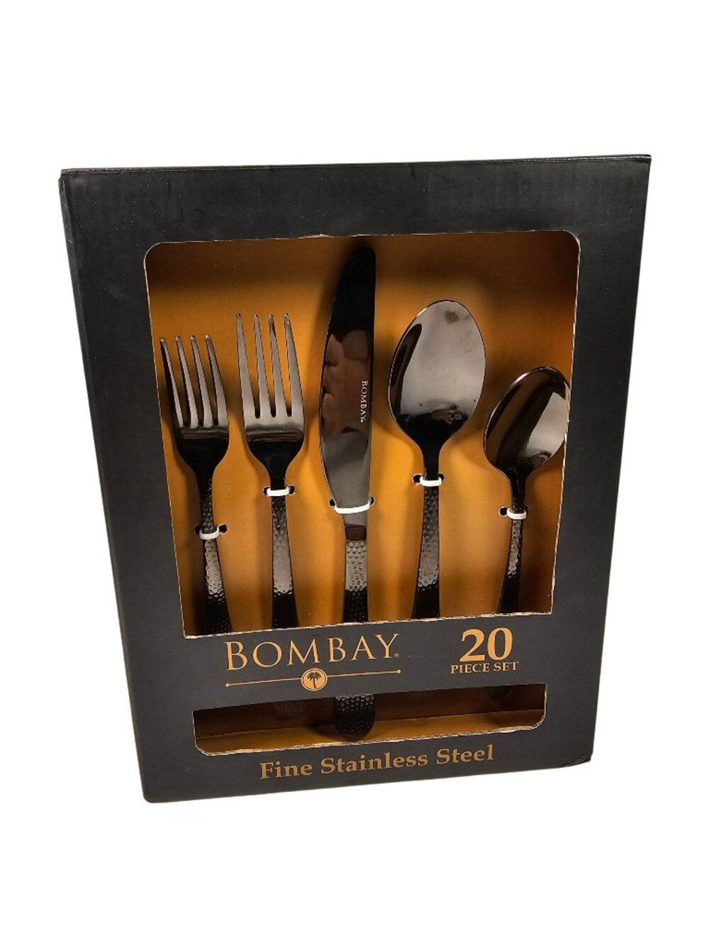 Bombay Belize 20-Piece Black Hammered Stainless Steel Flatware Service for 4 NEW